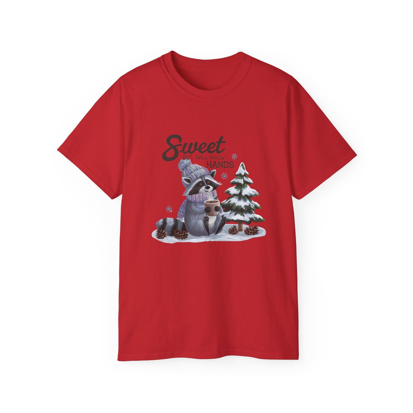 Winter Raccoon Cute Tshirt, Unisex Cotton Tee, Holiday Graphic Tee, Animal Lover Shirt, Gift for Him/Her