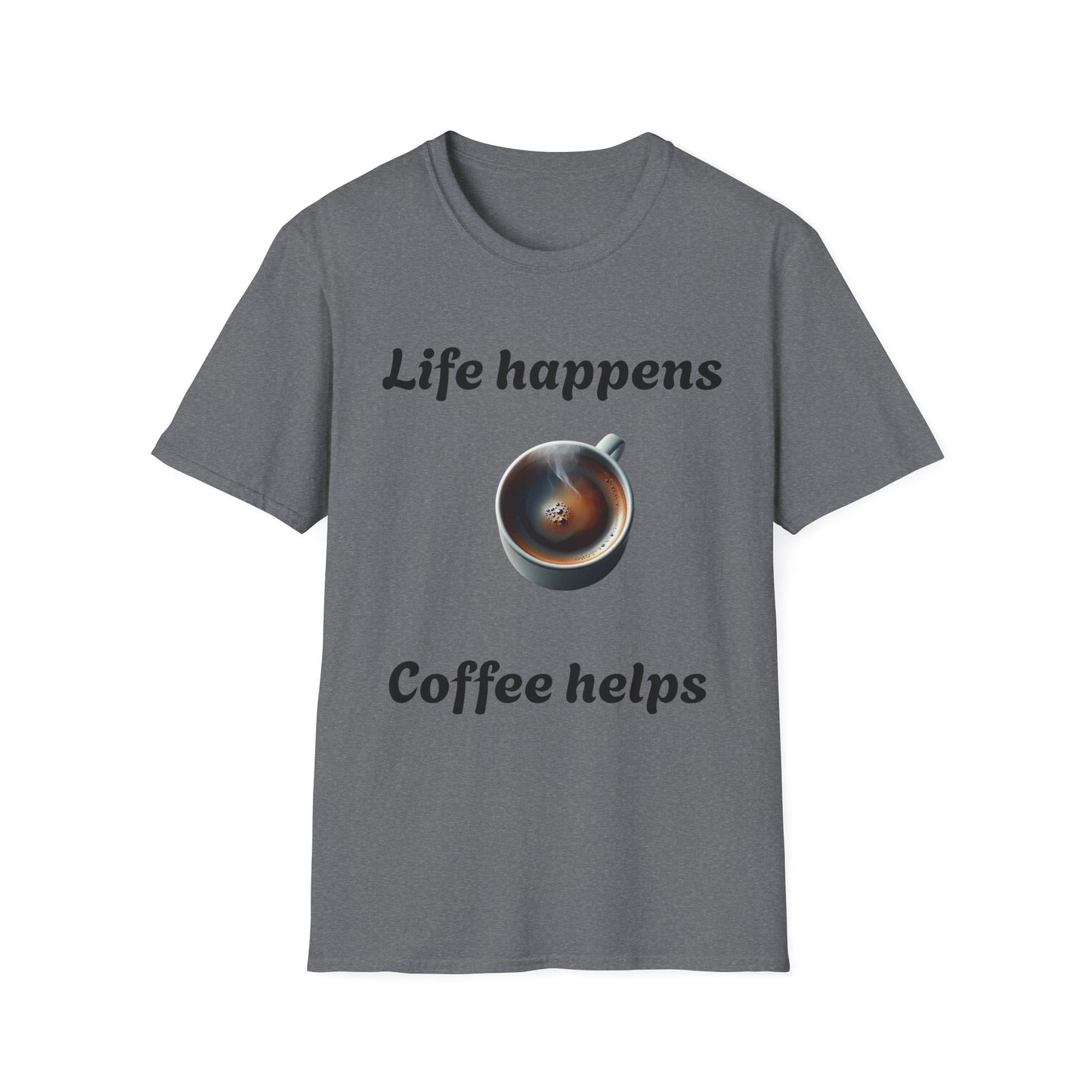Coffee Lovers Unisex Softstyle T-Shirt, Life Happens Womans Tee, Graphic Tee, Funny Quote Shirt, Gift for Coffee Enthusiast, Coffee Lover