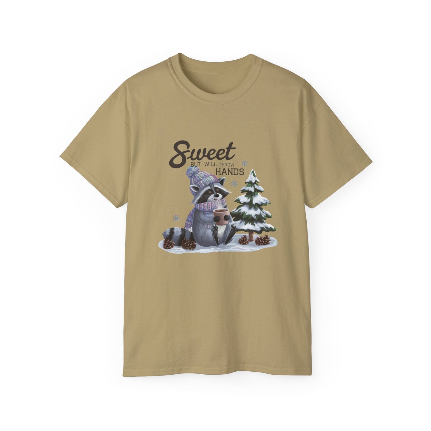 Winter Raccoon Cute Tshirt, Unisex Cotton Tee, Holiday Graphic Tee, Animal Lover Shirt, Gift for Him/Her