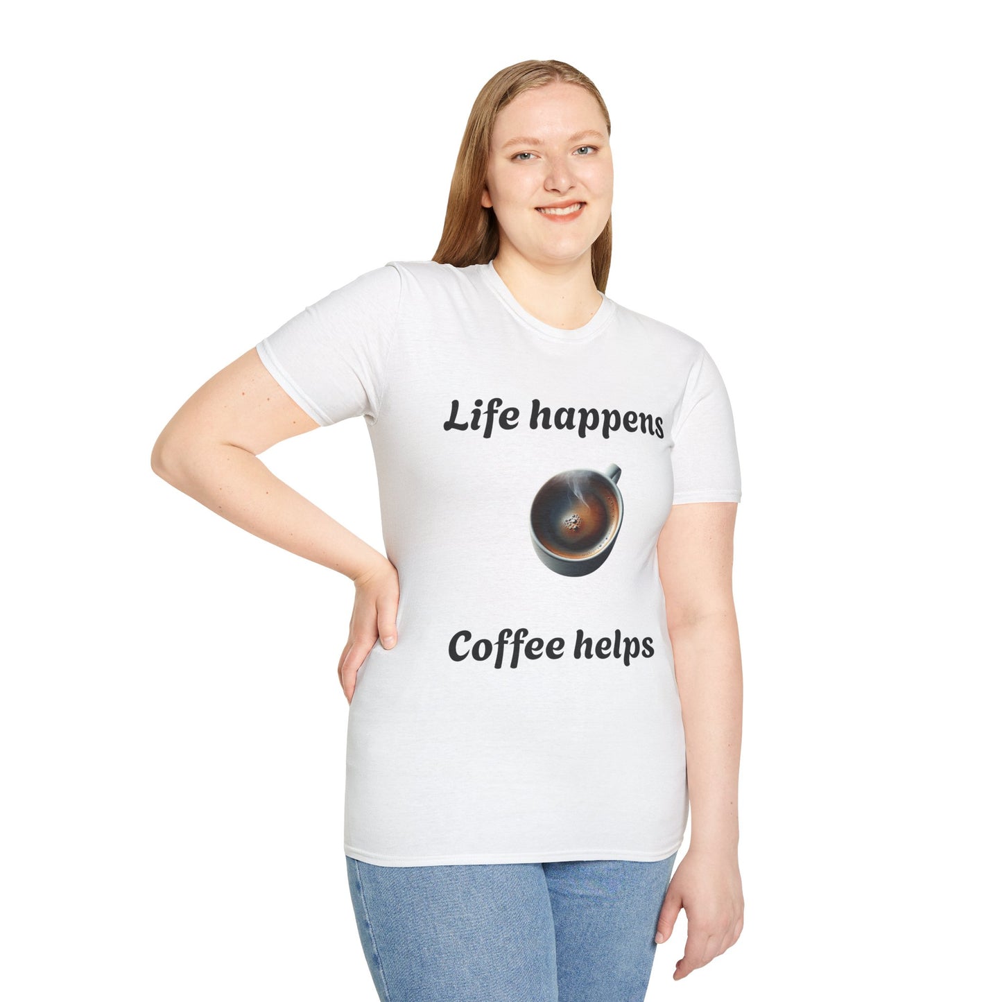 Coffee Lovers Unisex Softstyle T-Shirt, Life Happens Womans Tee, Graphic Tee, Funny Quote Shirt, Gift for Coffee Enthusiast, Coffee Lover