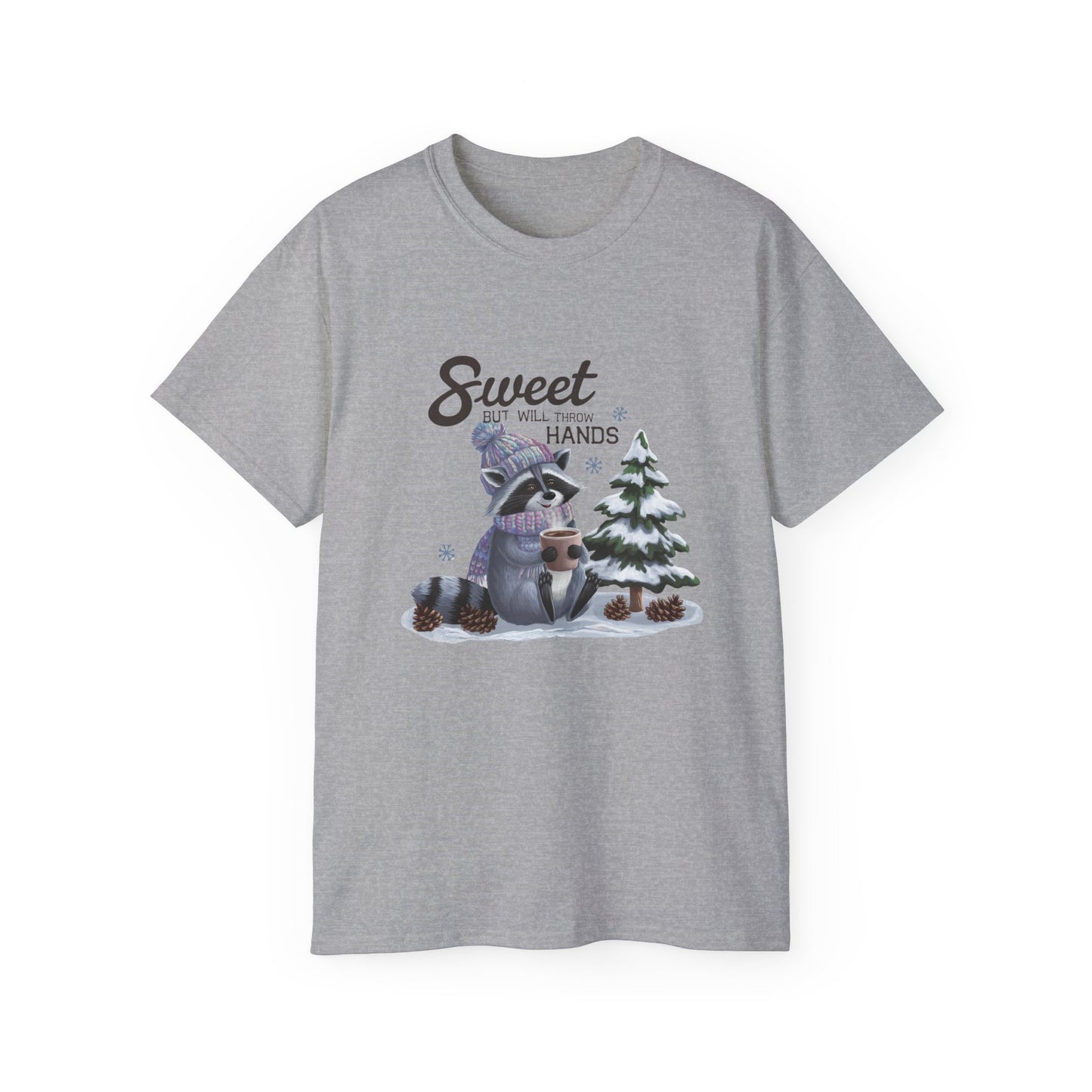 Winter Raccoon Cute Tshirt, Unisex Cotton Tee, Holiday Graphic Tee, Animal Lover Shirt, Gift for Him/Her