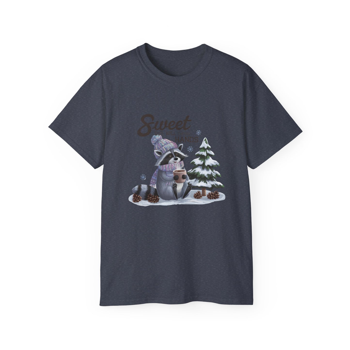 Winter Raccoon Cute Tshirt, Unisex Cotton Tee, Holiday Graphic Tee, Animal Lover Shirt, Gift for Him/Her