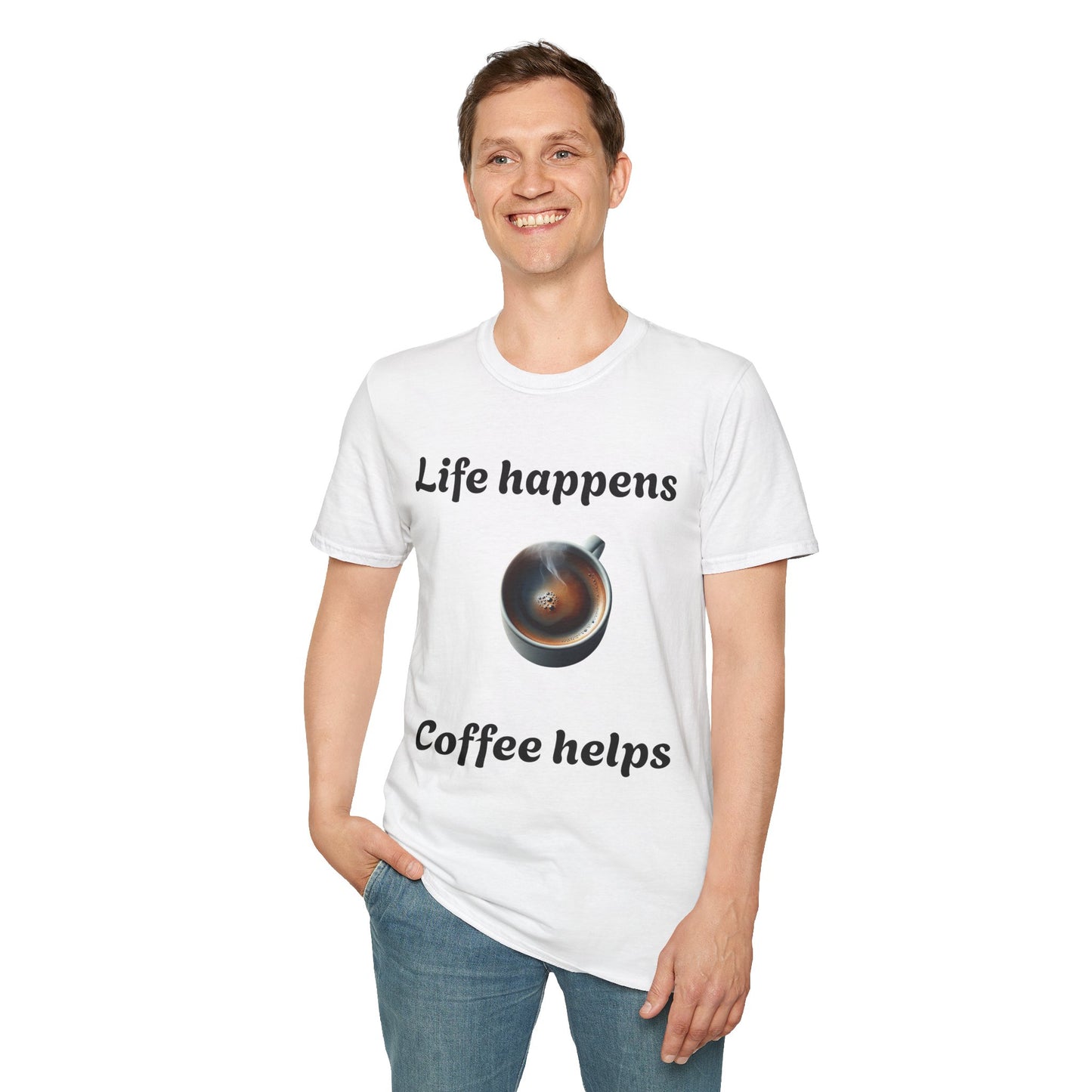 Coffee Lovers Unisex Softstyle T-Shirt, Life Happens Womans Tee, Graphic Tee, Funny Quote Shirt, Gift for Coffee Enthusiast, Coffee Lover