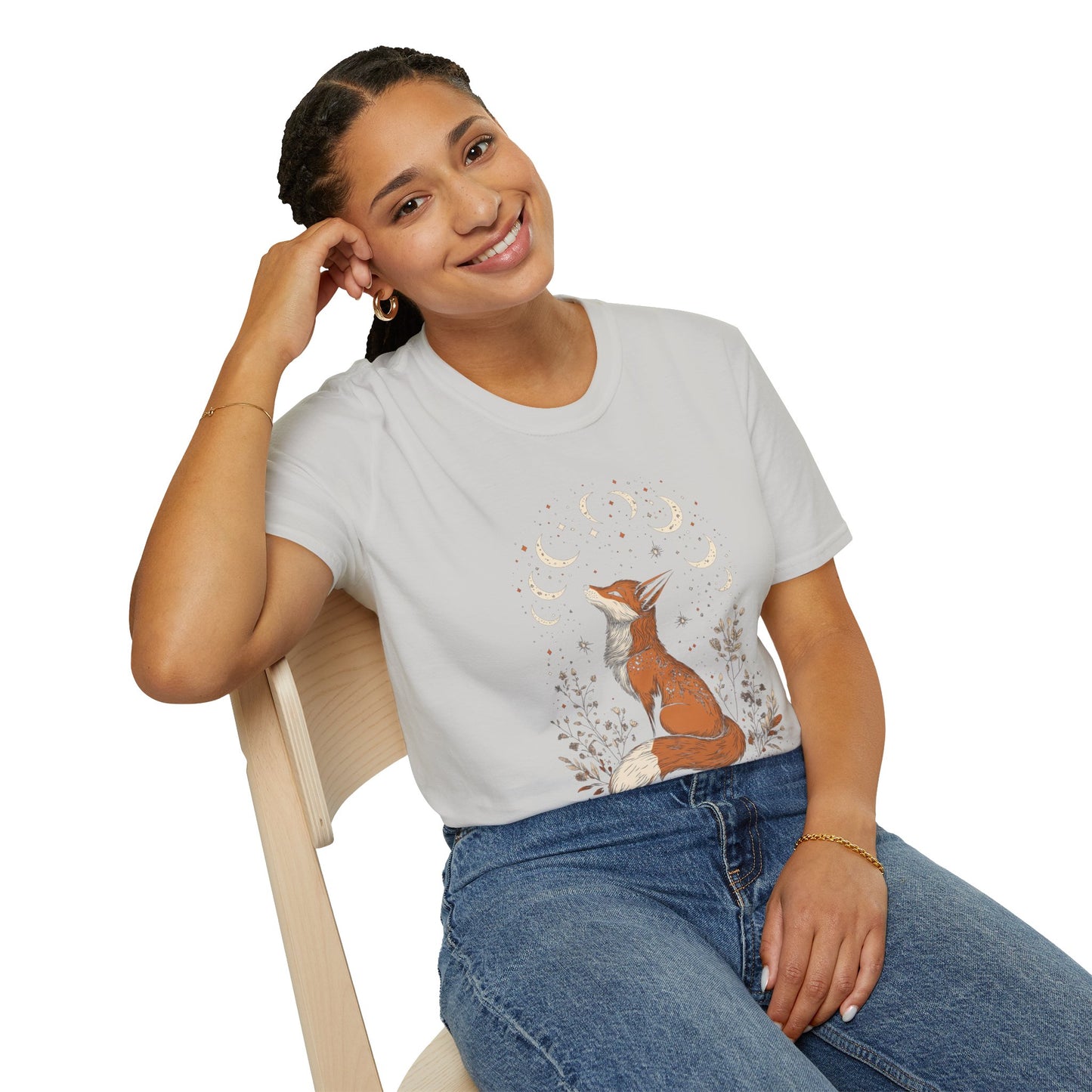 Folklore Fox Floral T-Shirt, Nature Animal Graphic Tee, Boho Woodland Shirt, Unisex Softstyle Top, Gift for Nature Lovers