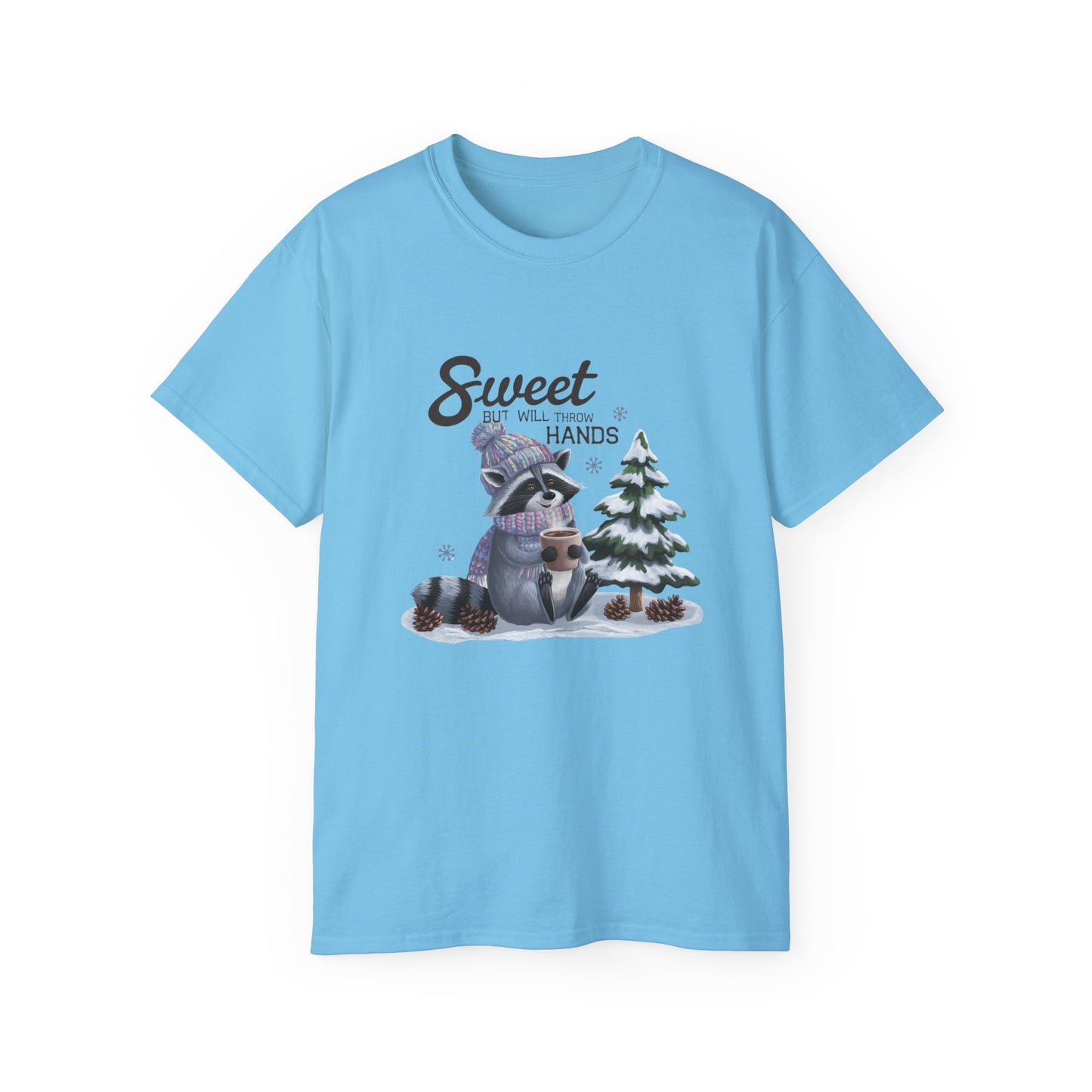 Winter Raccoon Cute Tshirt, Unisex Cotton Tee, Holiday Graphic Tee, Animal Lover Shirt, Gift for Him/Her