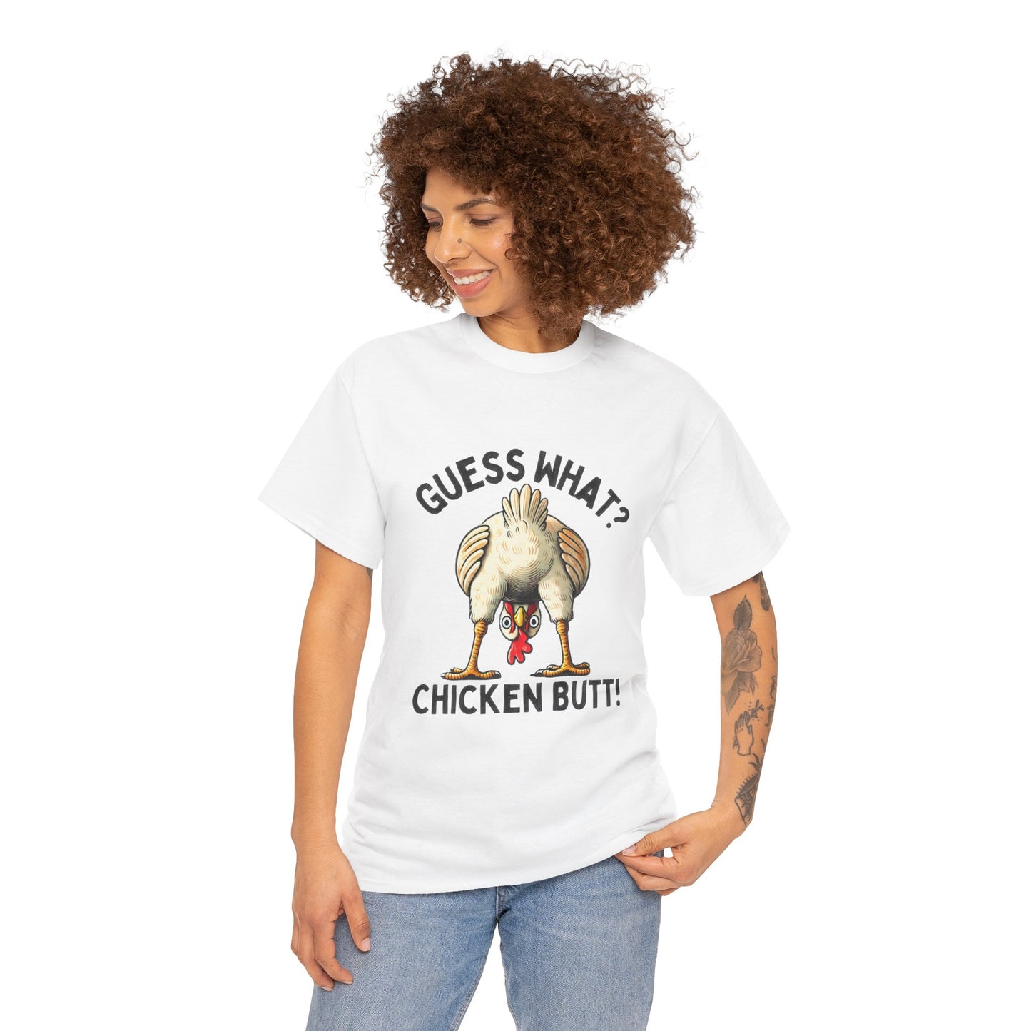 Funny Guess What Chicken Butt Unisex Heavy Cotton Tee Shirt, Humorous Animal Lover Tee, Graphic Tee, Sarcastic Chicken Tee, Chicken Butt