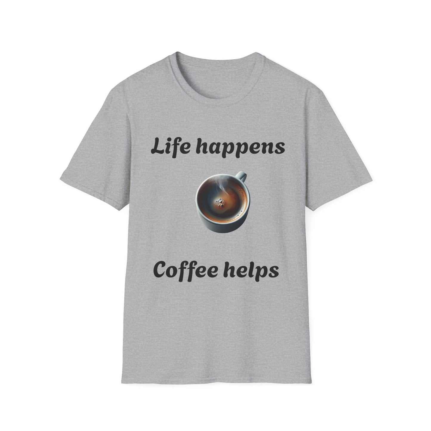 Coffee Lovers Unisex Softstyle T-Shirt, Life Happens Womans Tee, Graphic Tee, Funny Quote Shirt, Gift for Coffee Enthusiast, Coffee Lover