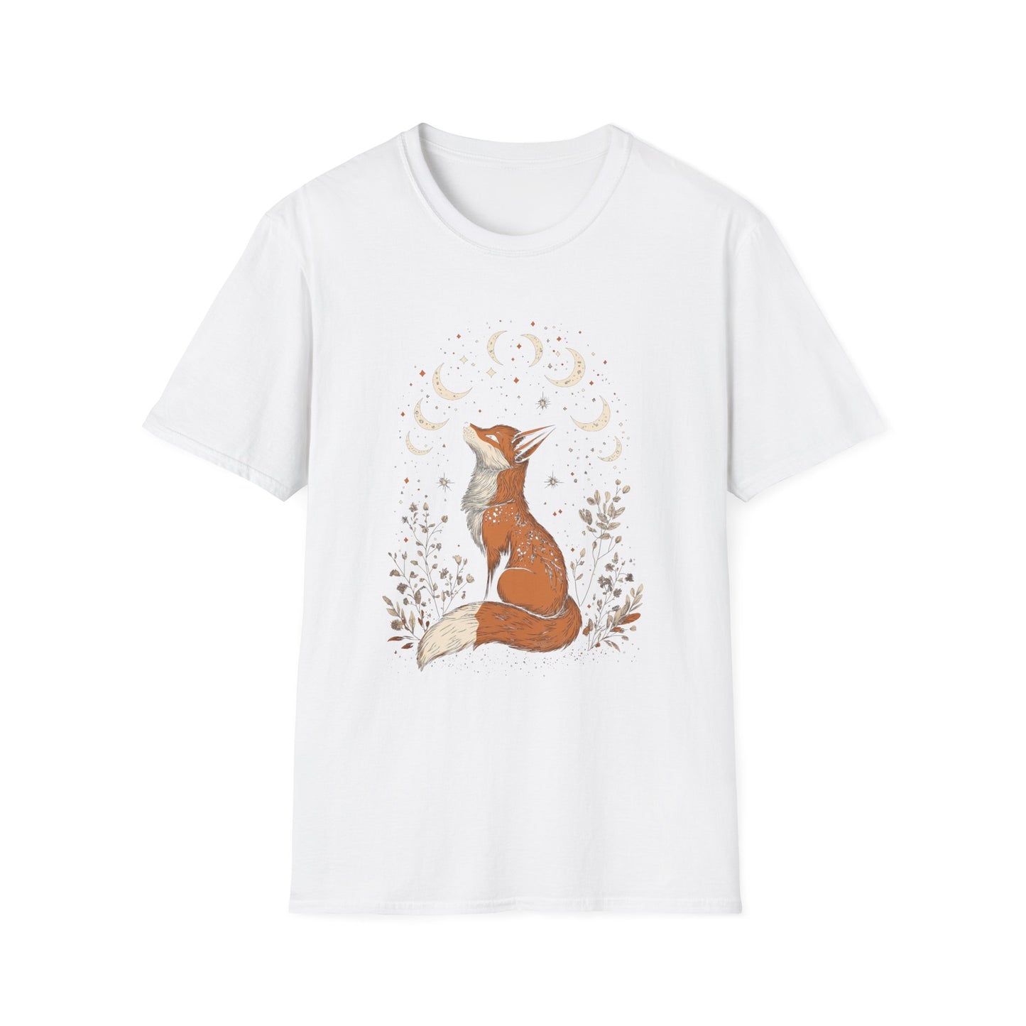 Folklore Fox Floral T-Shirt, Nature Animal Graphic Tee, Boho Woodland Shirt, Unisex Softstyle Top, Gift for Nature Lovers