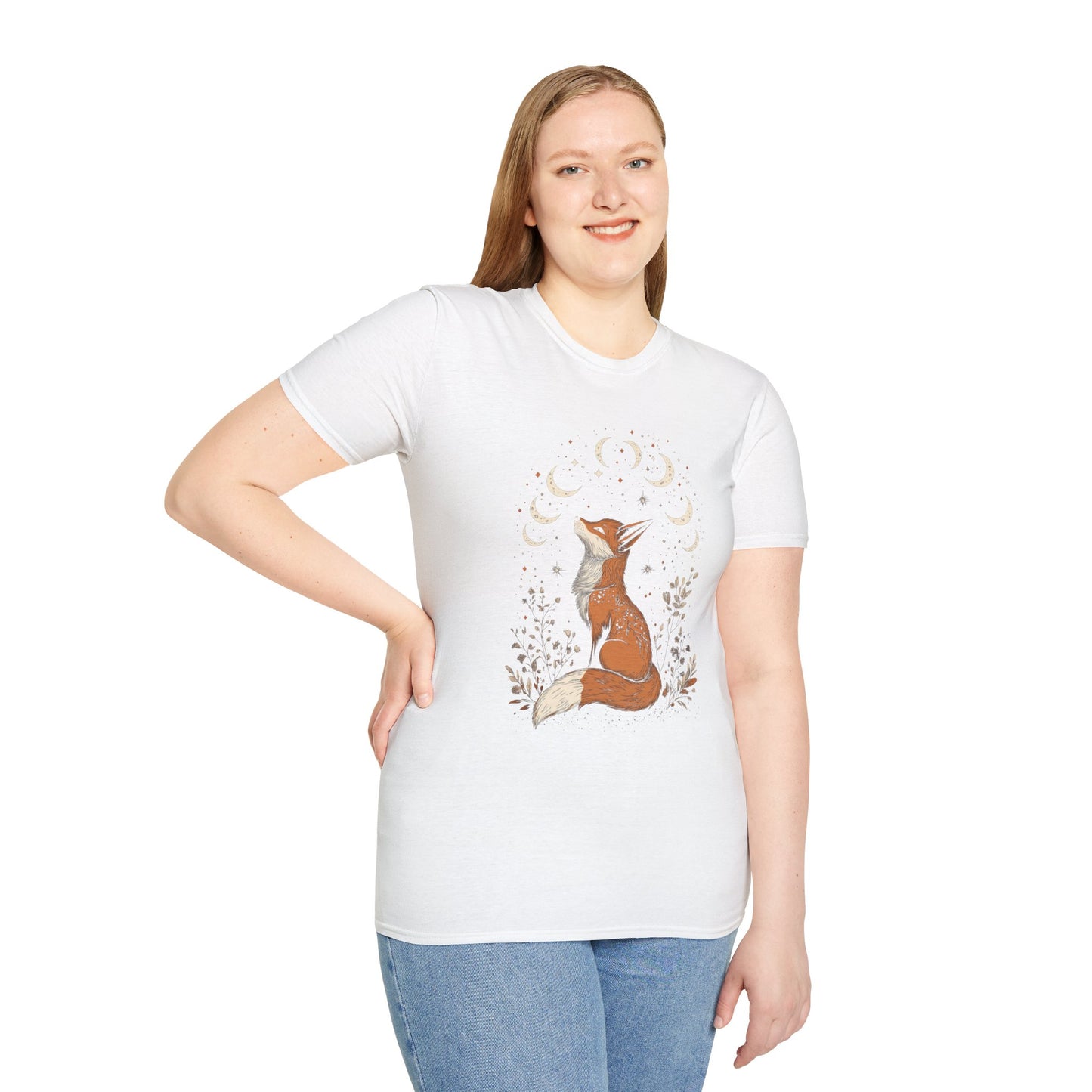Folklore Fox Floral T-Shirt, Nature Animal Graphic Tee, Boho Woodland Shirt, Unisex Softstyle Top, Gift for Nature Lovers