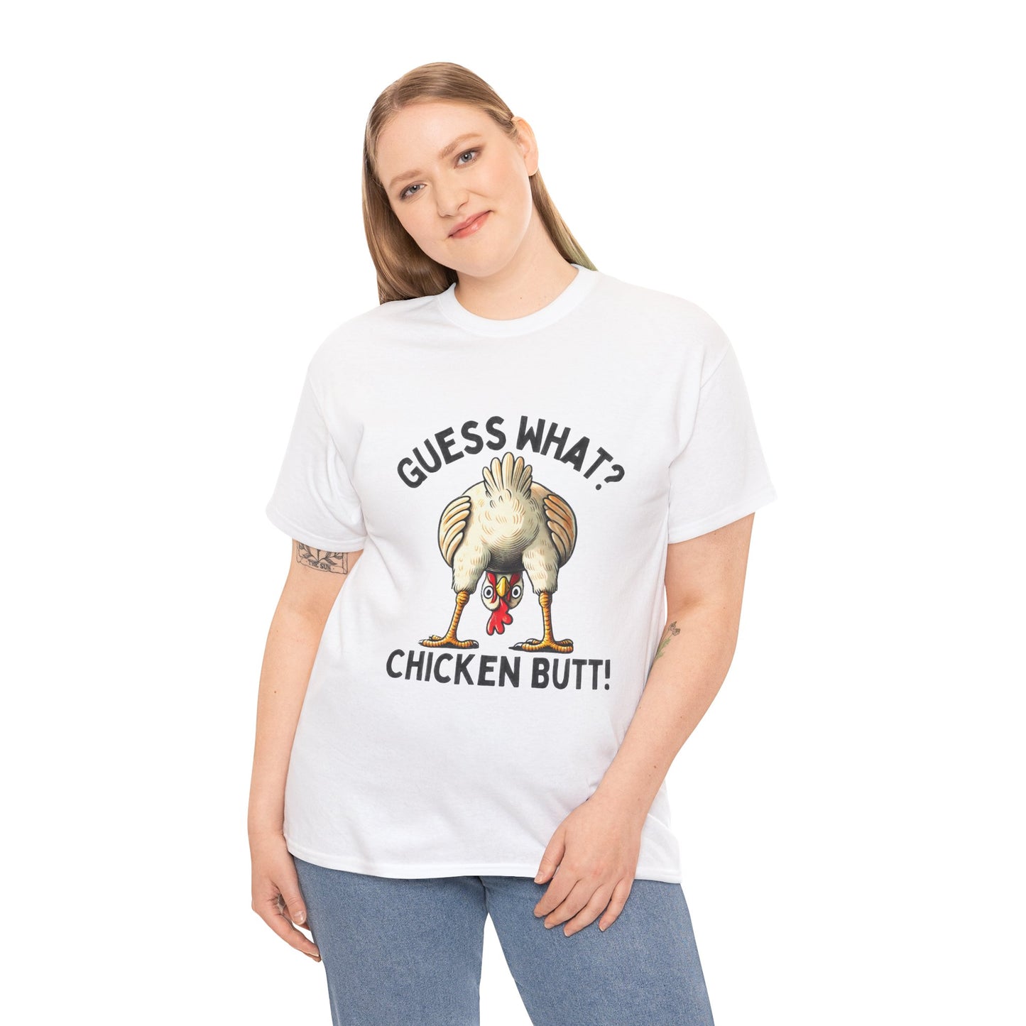Funny Guess What Chicken Butt Unisex Heavy Cotton Tee Shirt, Humorous Animal Lover Tee, Graphic Tee, Sarcastic Chicken Tee, Chicken Butt
