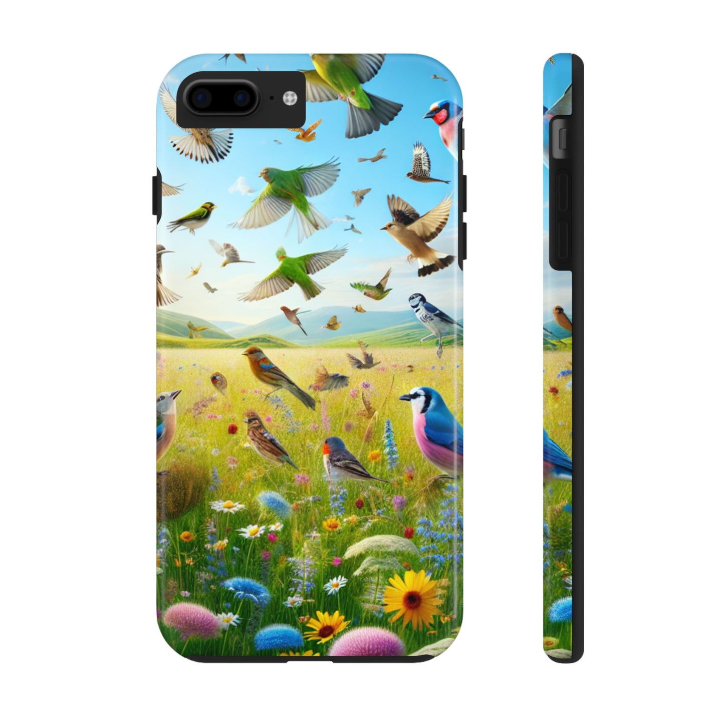 Birds Meadow Tough Phone Case, Impact Resistant, Bright Floral Design, Protective Cover, Nature Lover Gift