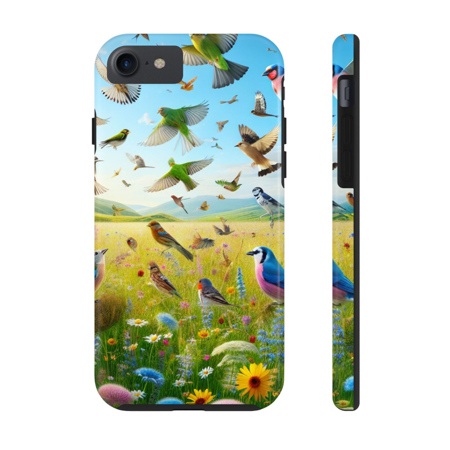 Birds Meadow Tough Phone Case, Impact Resistant, Bright Floral Design, Protective Cover, Nature Lover Gift