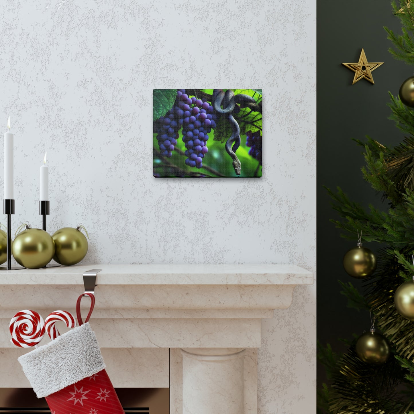 Canvas Gallery Wraps, Purple Grapes and Snake Design, Wall Art for Nature Lovers, Home Decor Gift, Unique Room Accent, Botanical Artwork,
