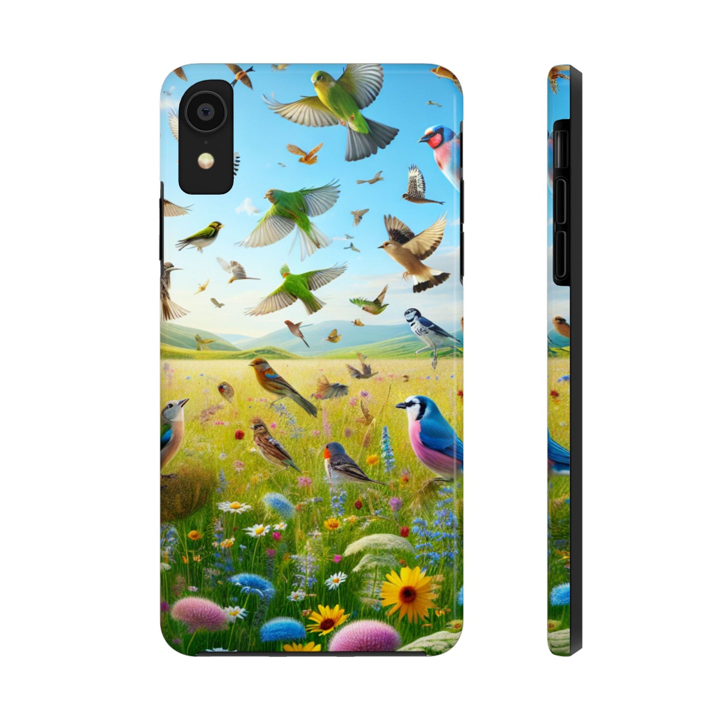 Birds Meadow Tough Phone Case, Impact Resistant, Bright Floral Design, Protective Cover, Nature Lover Gift