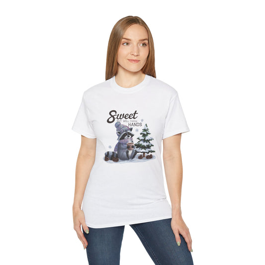 Winter Raccoon Cute Tshirt, Unisex Cotton Tee, Holiday Graphic Tee, Animal Lover Shirt, Gift for Him/Her
