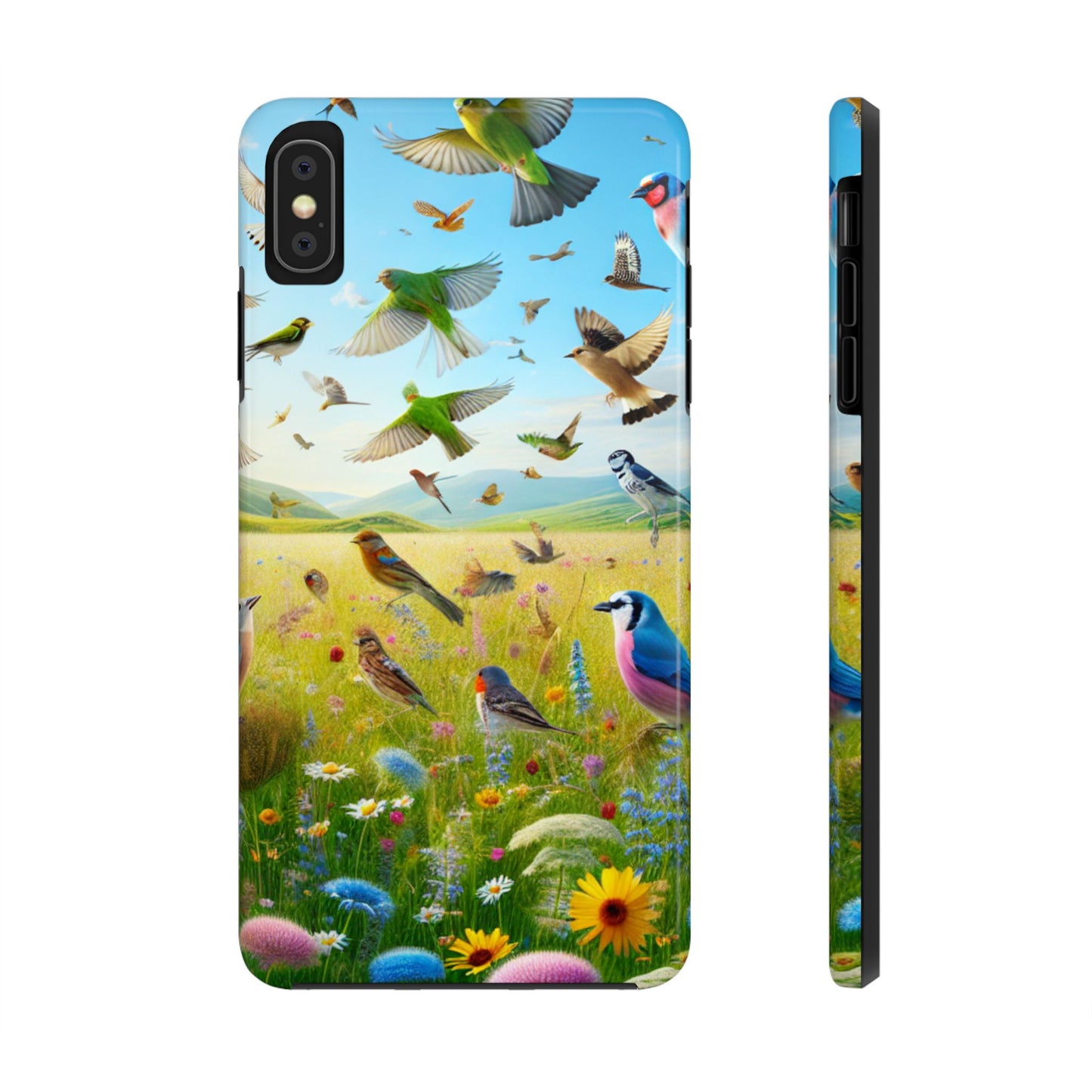 Birds Meadow Tough Phone Case, Impact Resistant, Bright Floral Design, Protective Cover, Nature Lover Gift