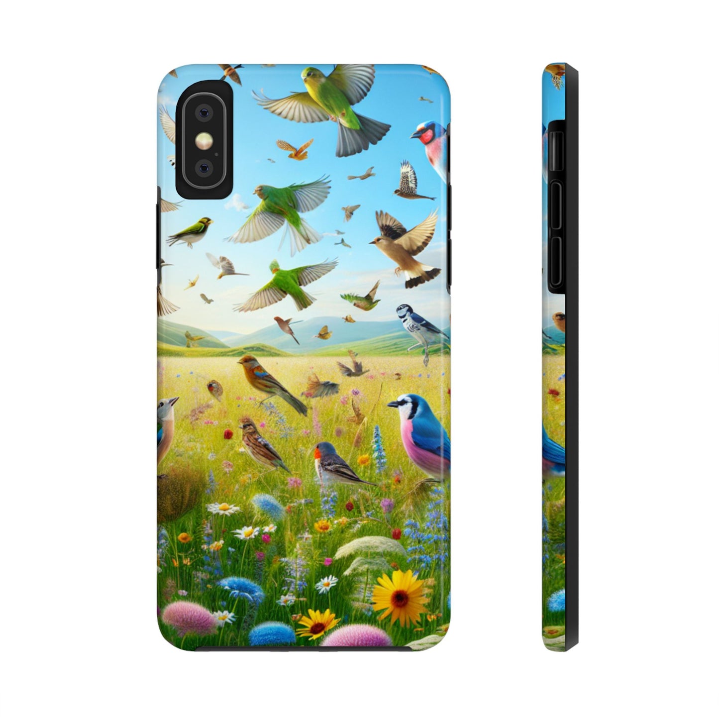 Birds Meadow Tough Phone Case, Impact Resistant, Bright Floral Design, Protective Cover, Nature Lover Gift