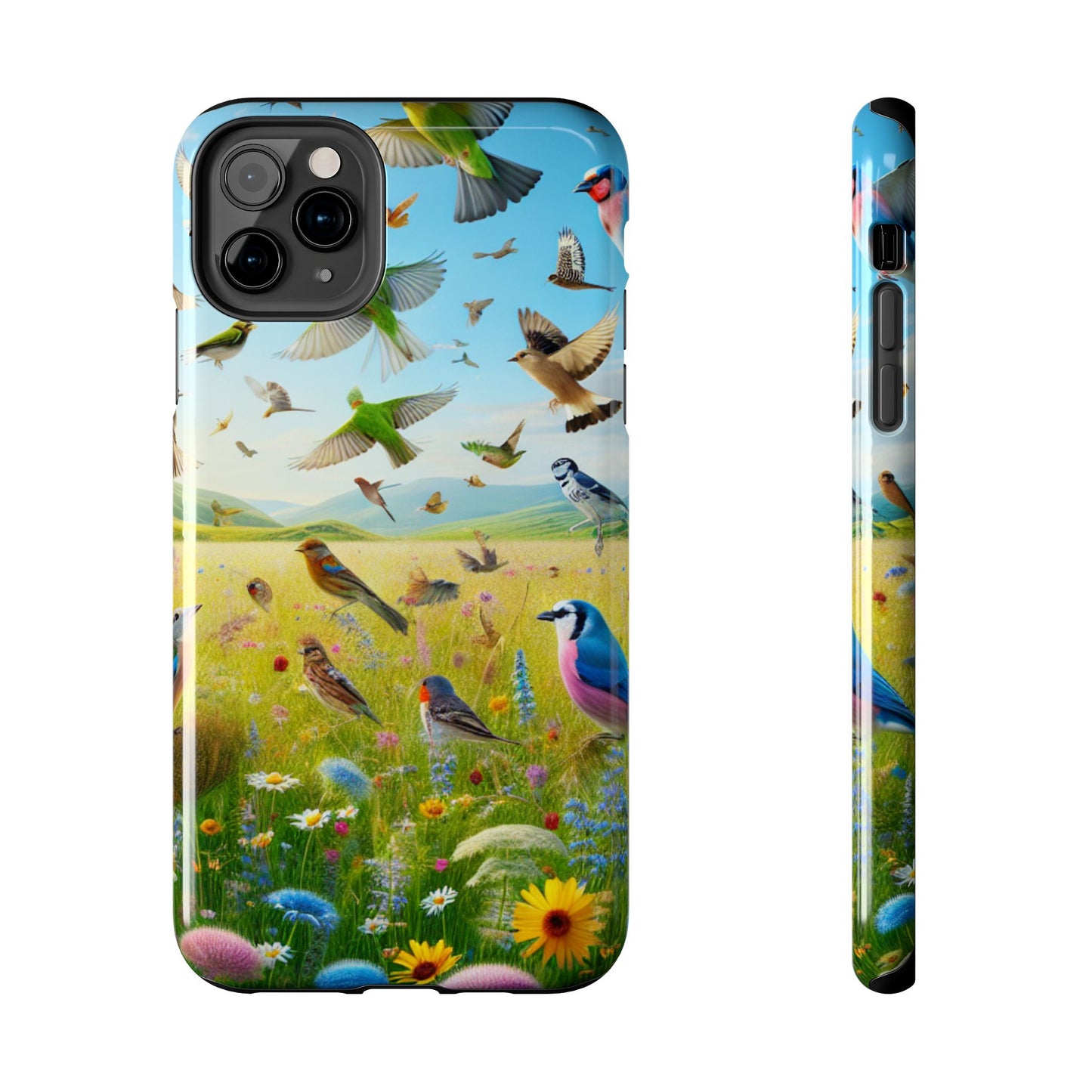 Birds Meadow Tough Phone Case, Impact Resistant, Bright Floral Design, Protective Cover, Nature Lover Gift