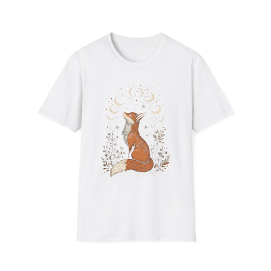 Folklore Fox Floral T-Shirt, Nature Animal Graphic Tee, Boho Woodland Shirt, Unisex Softstyle Top, Gift for Nature Lovers